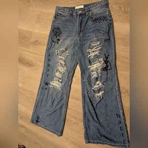 PLAYBOY Blue Flare Jeans with Black Graphic Accents